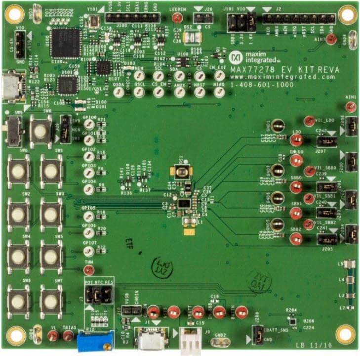 MAX77278EVKIT#, Evaluation Kit for MAX77278 Ultra-Low Power PMIC with 3-Output SIMO, Power Path Charger Optimized for Small Li+, 425mA Current Sink and 8 GPIOs