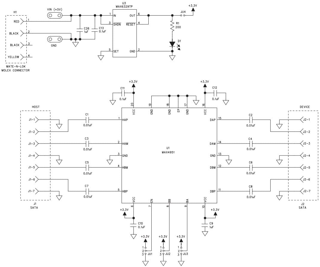 MAX4951EVKIT+, Evaluation Kit for the MAX4951 SATA I/SATA II Bidirectional Re-Driver