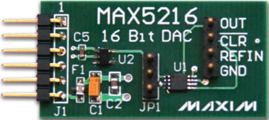 MAX5216PMB1#, Peripheral Module for the MAX5216 16-Bit, Low-Power, Buffered Output, Rail-to-Rail DAC with SPI Interface