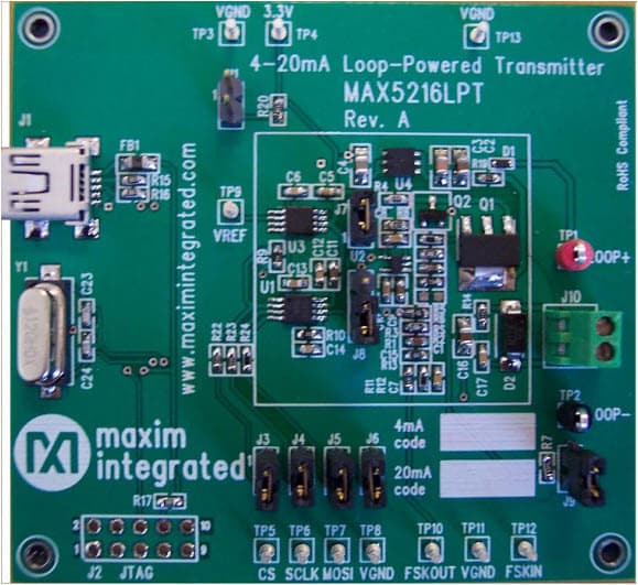 MAX5216LPT#, Evaluation Kit for Reference Design of 4-20mA Loop-Powered Transmitter Using MAX5216 16-Bit, Low-Power, Buffered Output, Rail-to-Rail DAC with SPI Interface