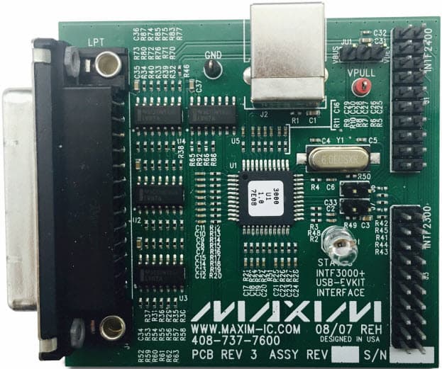 INTF3000+, Interface Board for EV Kits Requiring SPI/Parallel to USB Interface Using Single-/Dual-Band 802.11a/b/g World-Band Transceiver