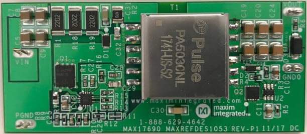 MAXREFDES1053, Miniature, 12V/2.5A, Synchronous No-Opto Flyback DC-DC Converter Reference Design with 89.6% Efficiency