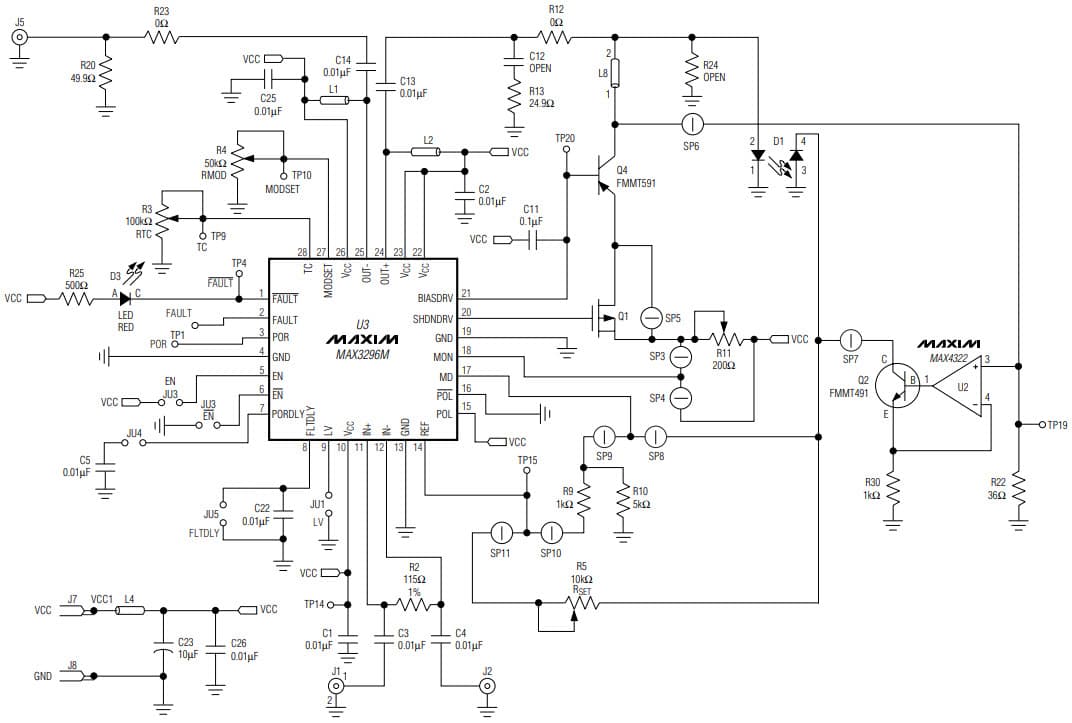 MAX3296CGISEVKIT, Evaluation Kit for the MAX3286 3V to 5.5V, 1.25Gbps LAN Laser Driver