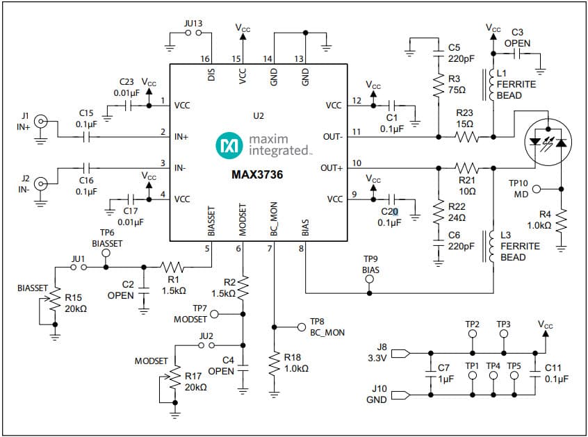 MAX3736EVKIT, Evaluation Kit for the MAX3736 3.2Gbps, Low-Power, Compact, SFP Laser Driver