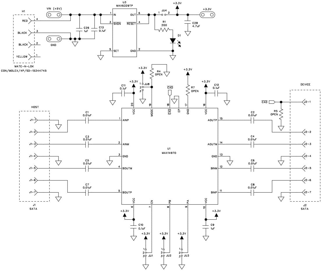 MAX14970EVKIT#, Evaluation Kit for the MAX14970 Ruggedized 6Gbps SATA Redriver with High ESD and Extended Temperature Operation