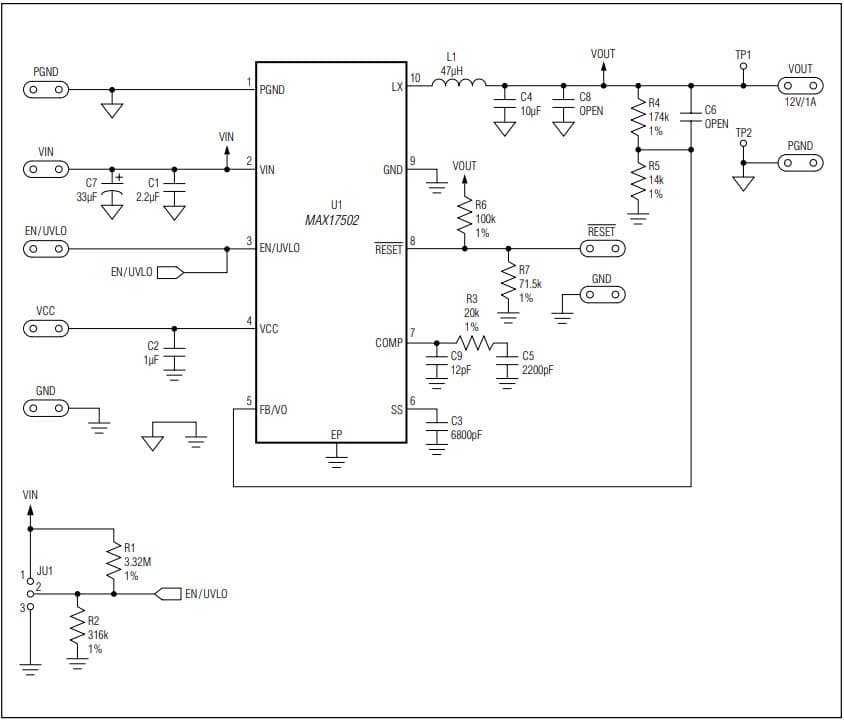 MAX17502GTEVKIT#, Evaluation Kit for the MAX17502G High-Efficiency, High-Voltage, Synchronous Step-down DC-DC Converter