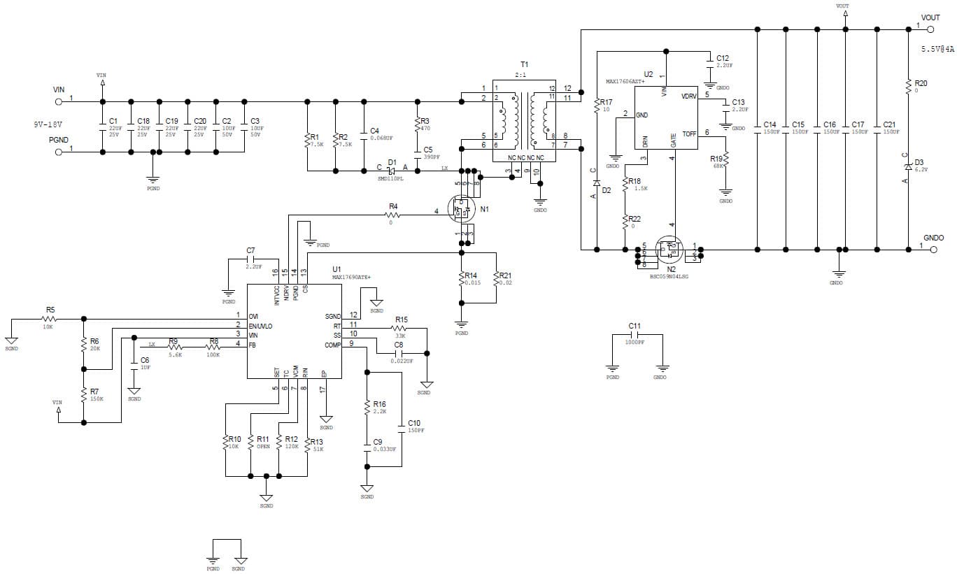 MAXREFDES124#, Isolated 12V to 5.5V, 22W No-Opto Flyback Power Supply Reference Design