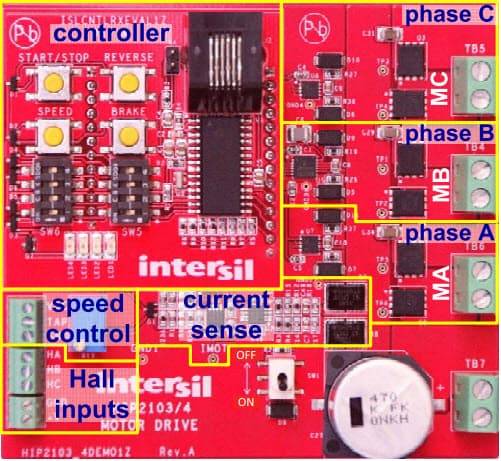 HIP2103-4DEMO1Z, Demonstration Board for HIP2103/HIP2104 3-Phase, Full, or Half Bridge Motor Drive