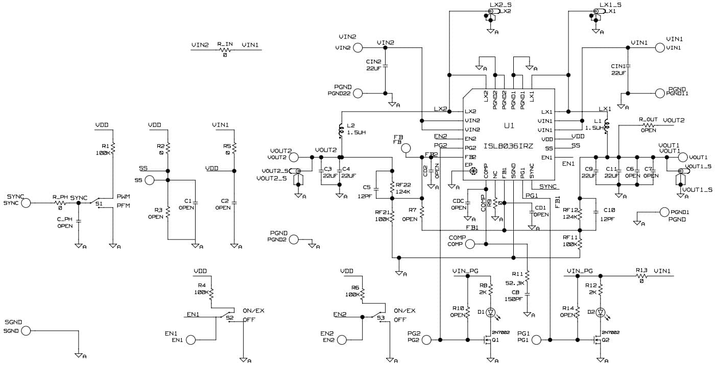 ISL8036DUALEVAL1Z, Evaluation Kit for ISL8036 3A Dual Low Quiescent Current, High-Efficiency Synchronous Buck Regulator