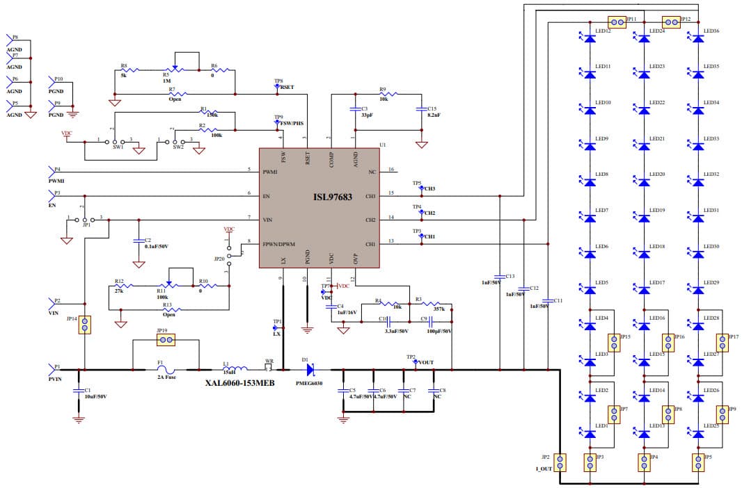 ISL97683IRTZEVALZ, Evaluation Board based on ISL97683 3-Ch LED Driver