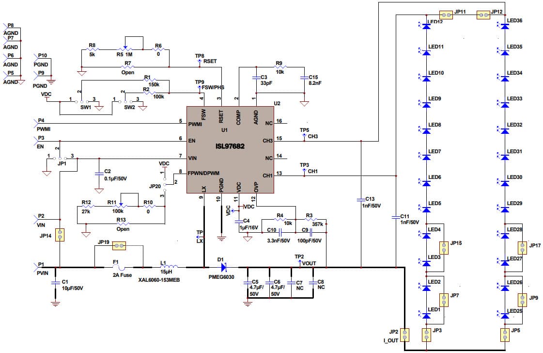 ISL97682IRTZEVALZ, Evaluation Board based on ISL97682 2-Ch LED Driver