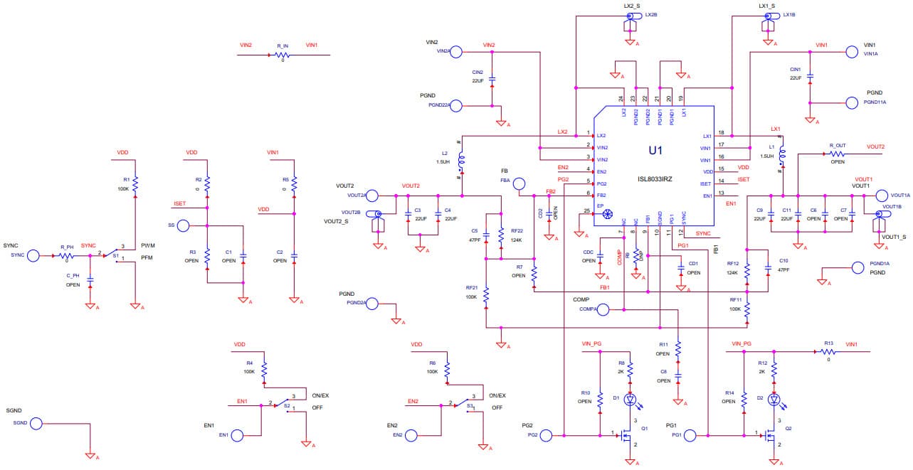 ISL8033EVAL1Z, Evaluation Board for ISL8033 3A Dual Low Quiescent Current, High-Efficiency Synchronous Buck Regulator