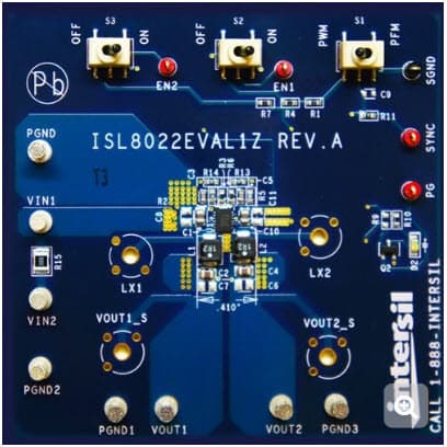 ISL8022EVAL1Z, Evaluation Board for ISL8022 Dual 2A/1.7A Low Quiescent Current, 2.25 MHz High Efficiency Synchronous Buck Regulator