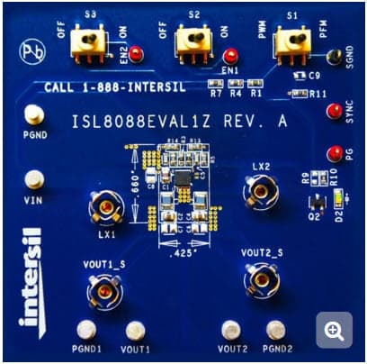 ISL8088EVAL1Z, Dual 800mA Low Quiescent Current Evaluation Board for ISL8088 2.25 MHz High-Efficiency Synchronous Buck Regulator