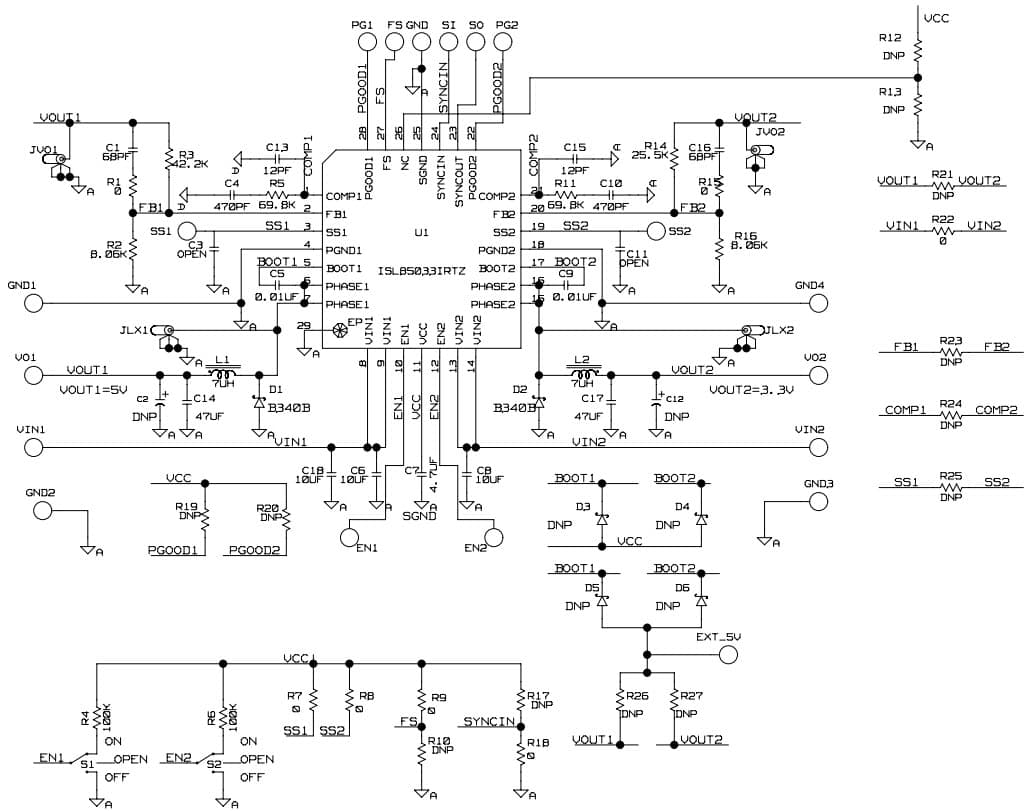 ISL85033DUALEVAL1Z, Wide VIN Dual Standard Buck Regulator Evaluation Board based on ISL85033