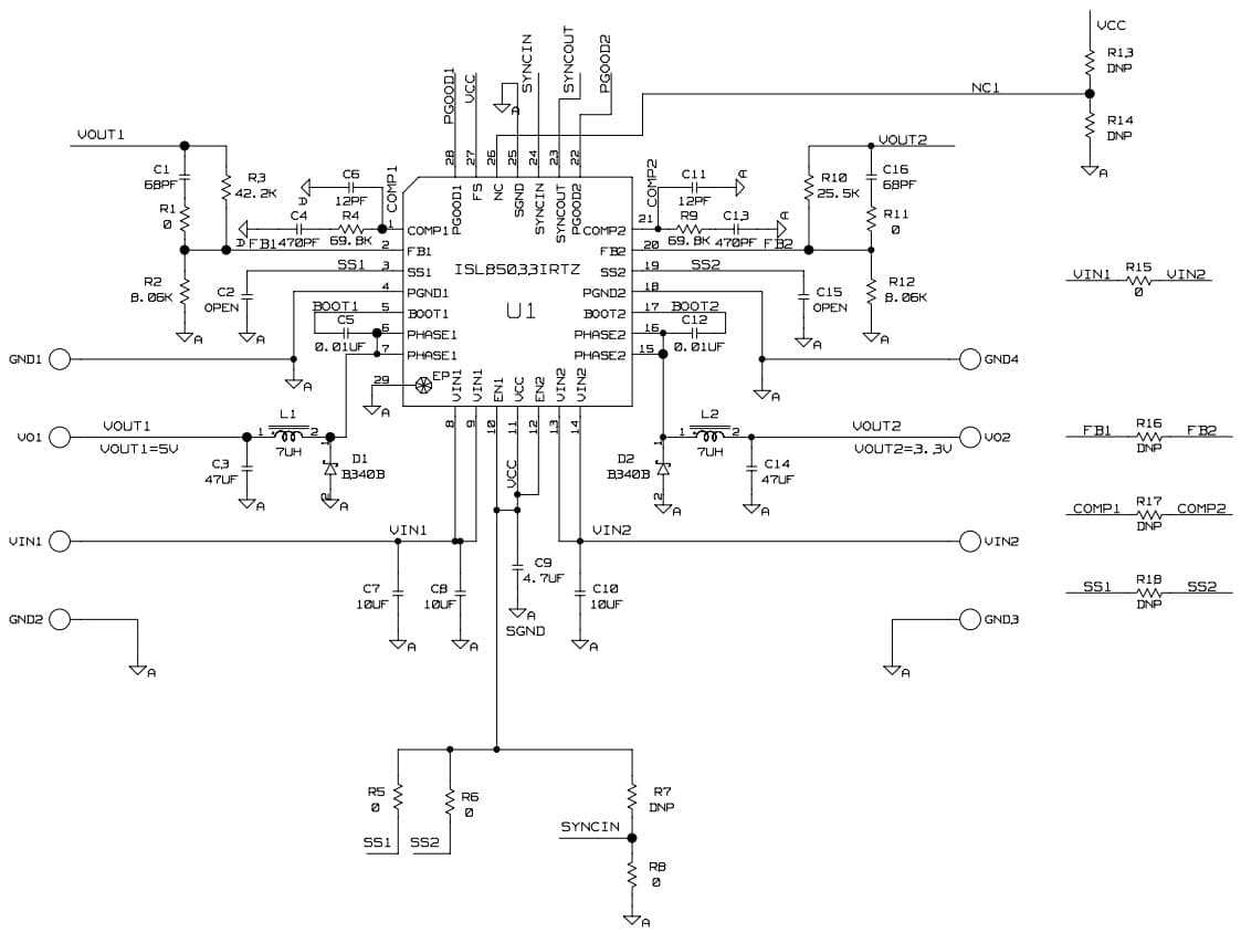 ISL85033EVAL2Z, (Small Form) Wide VIN Dual Standard Buck Regulator Evaluation Board with 3A/3A Output Current - Long Form