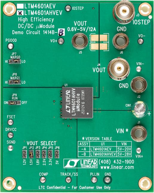 DC1414B-B, Demo Board Using LTM4601AHV 5 to 28Vin, 12A Step-Down Regulator