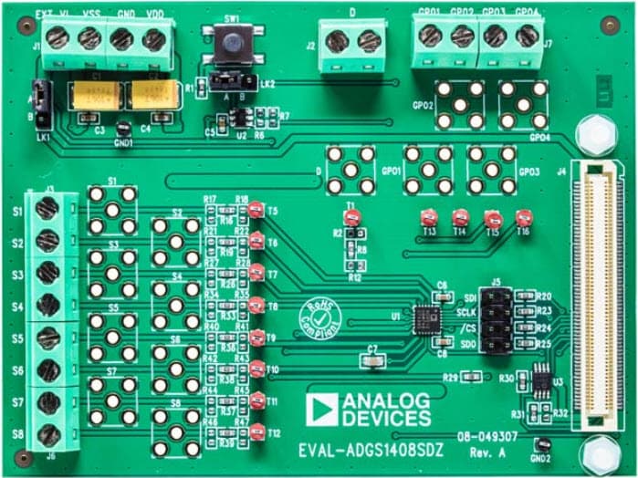 EVAL-ADGS1408SDZ, Evaluation Board for Evaluating the ADGS1408 SPI Interface, 4-ohm RON, ±15 V/+12 V/±5 V, 1.8V Logic Control, 8:1/Dual 4:1 Muxes