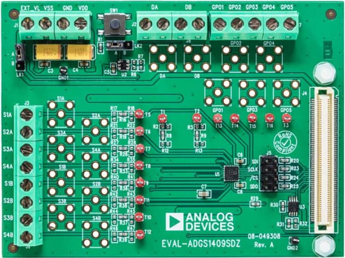 EVAL-ADGS1409SDZ, Evaluation Board for Evaluating the ADGS1409 SPI Interface, 4-ohm RON, ±15 V/+12 V/±5 V, 1.8V Logic Control, 8:1/Dual 4:1 Muxes