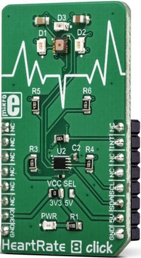 MIKROE-3218, Heart Rate 8 Click is an Optical Biosensor Click Board designed for Heart-Rate Monitoring (HRM)