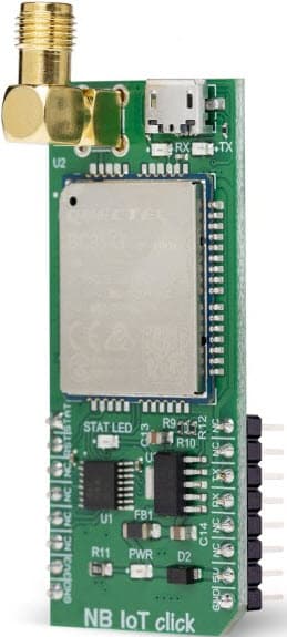 MIKROE-3294, NB IoT Click Board allows LTE Cat NB1 Connectivity by utilizing BC95-G Specialized Multi-Band IoT Module