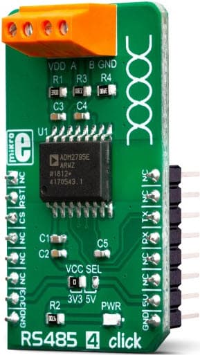 MIKROE-3395, RS485 4 Click Board offers an UART to RS485 Signal Conversion, featuring the ADM2795E Specialized IC with the complete Galvanic Isolation