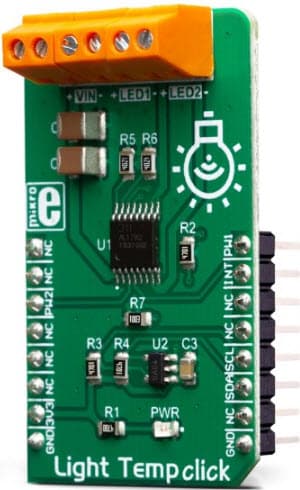 MIKROE-3399, Light Temp Click Board for AL1782 Dual-Channel LED Driver designed to be used in Tunable Smart Connected Lighting (SCL) Applications