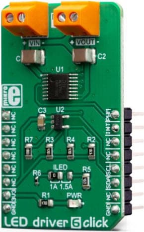 MIKROE-3400, LED Driver 6 Click Board for AL1781 High Brightness LED Driver, designed to be used in Tunable Smart Connected Lighting (SCL) Applications