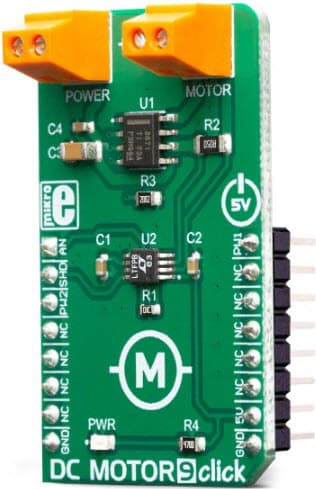 MIKROE-3416, DC Motor 9 Click Board is a Brushed DC Motor Driver with Current Limiting, Current Sensing based on DRV8871