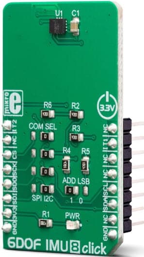 MIKROE-3447, 6DOF IMU 8 Click Board for ISM330DLC 3D Accelerometer, 3D Gyroscope with Digital Output for Industrial Applications