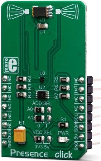 MIKROE-3575, Presence Click Board is an Infrared Sensing can be used for Presence Sensing, Motion Detection and Remote Overtemperature Protection