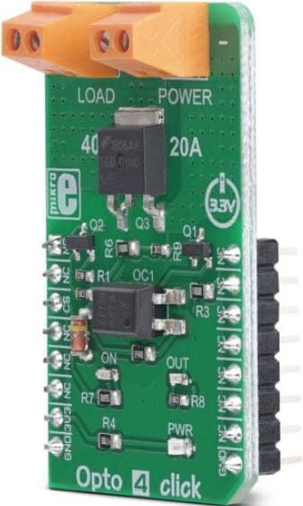 MIKROE-3337, Opto 4 Click Board is a Galvanically Isolated Power Switch Using Power MOSFET with an Optocoupler