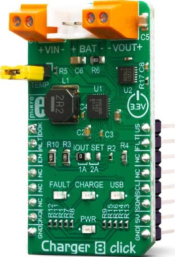 MIKROE-3348, Charger 8 Click Board is an Intelligent Li-Ion Battery Charger, System Power Manager and Battery Fuel Gauge