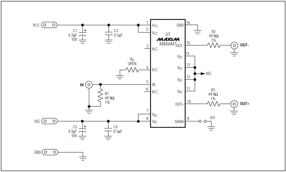 MAX4447EVKIT, Evaluation Kit for the MAX4447 6500V/us, Wideband, High-Output-Current, Single-Ended-to-Differential Line Driver with Enable