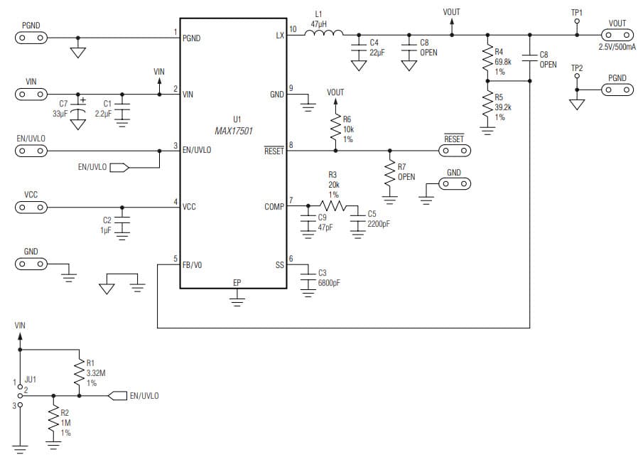 MAX17501HTEVKIT#, Evaluation Kit for MAX17501H 60V, 500mA, Ultra-Small, High-Efficiency, Synchronous Step-Down DC-DC Converter