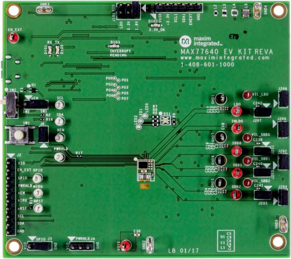 MAX77640EVKIT#, Evaluation Kit for the MAX77640 Ultra-Low Power PMIC with 3-Output SIMO, 150mA LDO and Power Sequencer