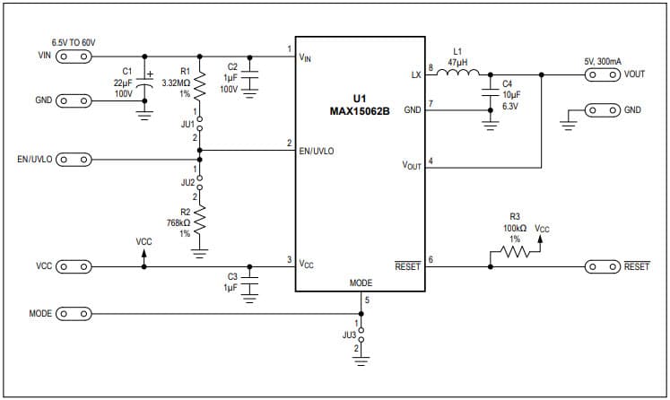 MAX15062BEVKIT#, Evaluation Kit for MAX15062B 60V, 300mA, Ultra-Small, High-Efficiency, Synchronous Step-Down DC-DC Converter