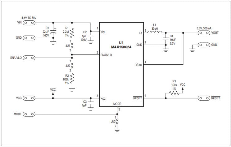 MAX15062AEVKIT#, Evaluation Kit for MAX15062A 60V, 300mA, Ultra-Small, High-Efficiency, Synchronous Step-Down DC-DC Converter