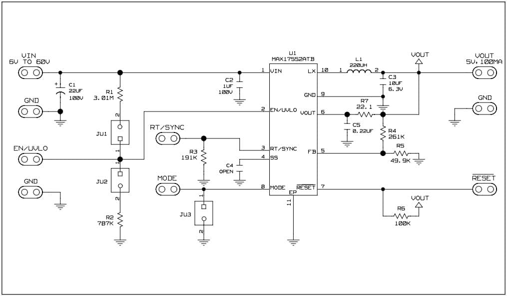 MAX17552ATBEVKIT#, Evaluation Kit for MAX17552 5V Output Voltage, 60V, 100mA, Ultra-Small, High-Efficiency, Synchronous Step-Down DC-DC Converter