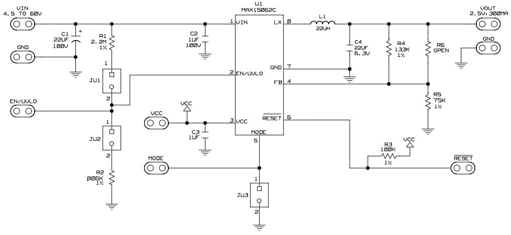 MAX15062C2.5EVKIT#, Evaluation Kit for MAX15062C in 2.5V Output-Voltage, 60V, 300mA, Ultra-Small, High-Efficiency, Synchronous Step-Down DC-DC Converter