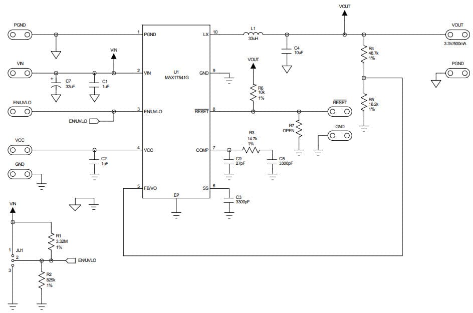 MAX17541GTAEVKIT#, Evaluation Kit for MAX17541G 3.3V Output-Voltage, 42V, 500mA, Ultra-Small, High-Efficiency, Synchronous Step-Down DC-DC Converter