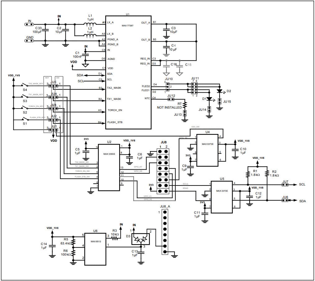 MAX77387EVSYS#, Evaluation System for MAX77387 Dual-Phase Adaptive DC-DC Step-Up Converter with 2x 1000mA High-Side Current Regulator