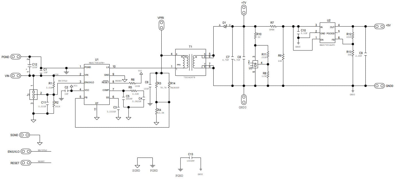 MAX17681EVKITD#, Evaluation Kit for MAX17681 4.5V to 42V Input, High-Efficiency, Iso-Buck DC-DC Converter with Isolated +7V or +5V Output Configuration