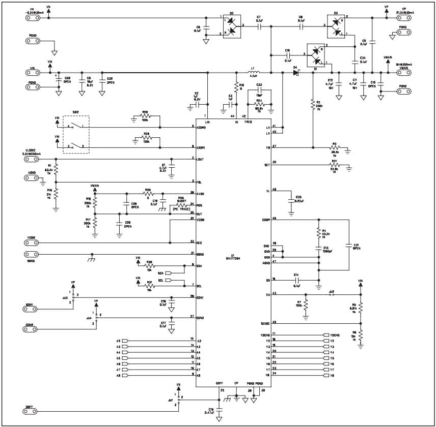 MAX17094EVKIT+, Evaluation Kit for the MAX17094 Internal-Switch Boost Regulator with Integrated 7-Channel Driver, VCOM Calibrator, Op Amp and LDO