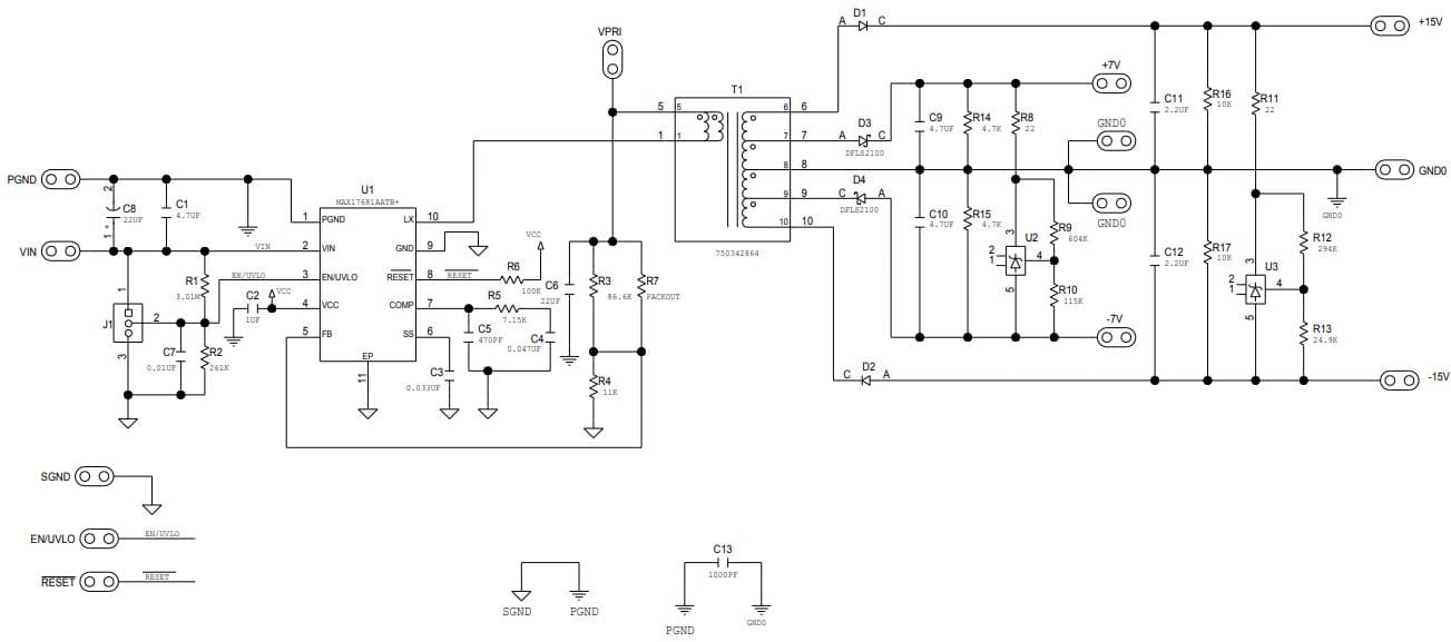 MAX17681AEVKITE#, Evaluation Kit for MAX17681A 4.5V to 42V Input, High-Efficiency, Iso-Buck DC-DC Converter with Isolated ±15V and ±7.5V Output Configuration