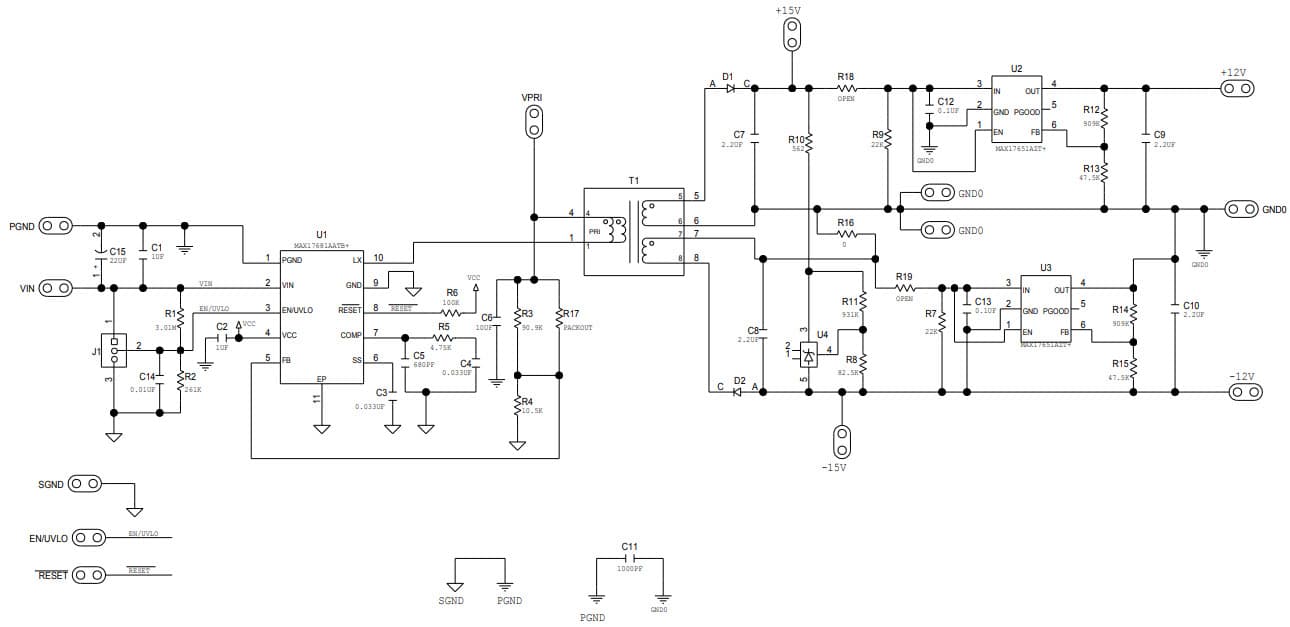 MAX17681AEVKITA#, Evaluation Kit for MAX17681A 4.5V to 42V Input, High-Efficiency, Iso-Buck DC-DC Converter with Isolated ±15V or ±12V Output Configuration