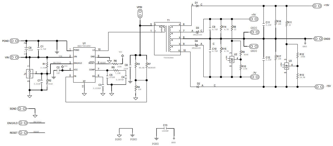 MAX17681EVKITE#, Evaluation Kit for MAX17681 4.5V to 42V Input, High-Efficiency, Iso-Buck DC-DC Converter with Isolated ±15V and ±7.5V Output Configuration