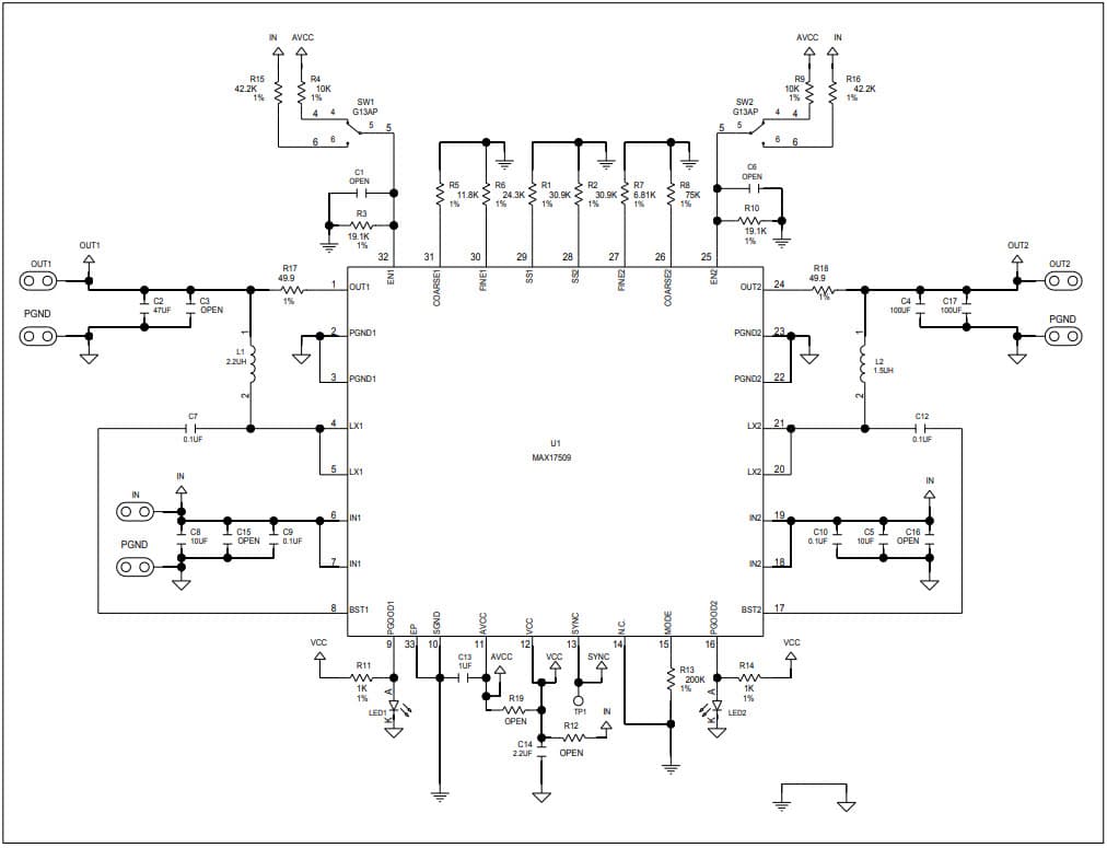 MAX17509EVKIT#, Evaluation Kit for MAX17509 4.5V-16V, Dual 3A, High-Efficiency, Synchronous Step-Down DC-DC Converter with Resistor Programmability