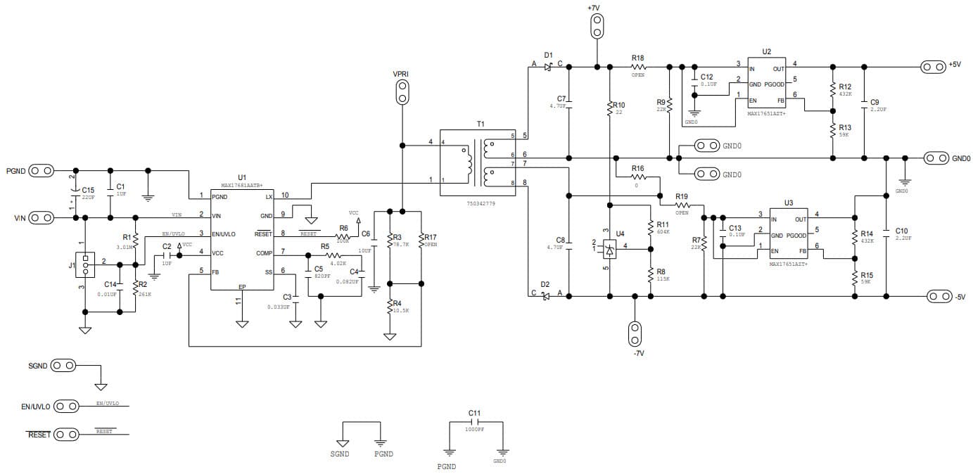 MAX17681AEVKITB#, Evaluation Kit for MAX17681A 4.5V to 42V Input, High-Efficiency, Iso-Buck DC-DC Converter with Isolated ±7V or ±5V Output Configuration