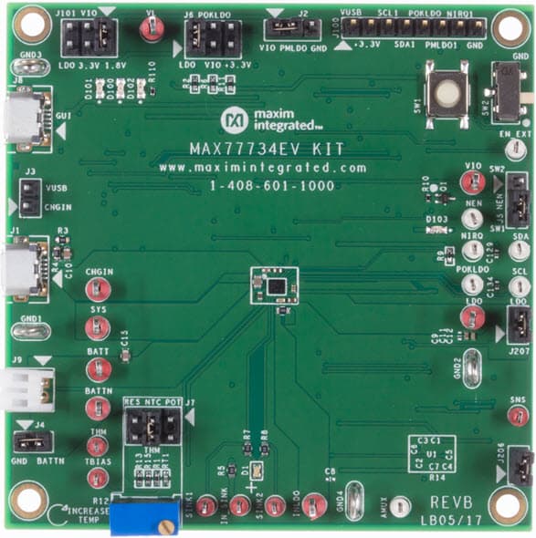 MAX77734EVKIT#, Evaluation Kit for MAX77734 Ultra-Low Power Tiny PMIC with Power Path Charger for Small Li+ and 150mA LDO